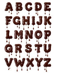 Latin alphabet made of melted chocolate with falling drops in high resolution (part 1. Letters)