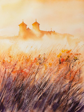 Benedictine monastery at sunrise in Tyniec near Krakow Poland. Picture created with watercolors.