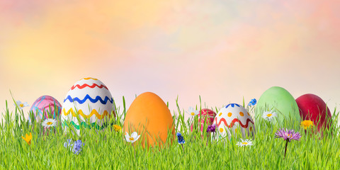 Easter background with painted eggs