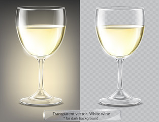 Transparent vector wineglass with white wine. For dark background