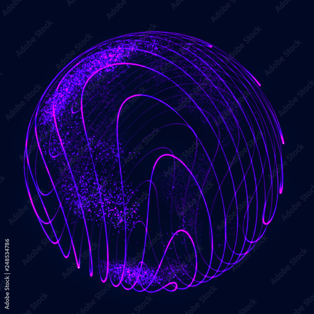 Poster Sphere with twist lines. Background for business event. Wireframe technology blue sphere. 3d rendering.