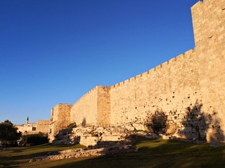 The walls of the old city of Jerusalem near the Jaffa Gate.