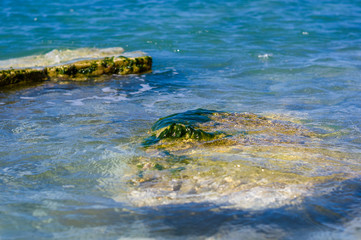 rocky sea shore with pebble beach, waves with foam