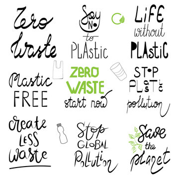 Zero waste no plastic quote lettering set. Calligraphy inspiration graphic design typography element. Hand written postcard Cute simple sign. Textile print cut out collage green