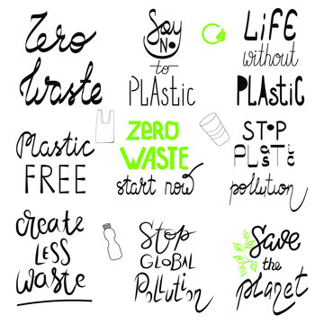 Zero waste no plastic quote lettering set. Calligraphy inspiration graphic design typography element. Hand written postcard Cute simple vector sign. Textile print cut out collage green
