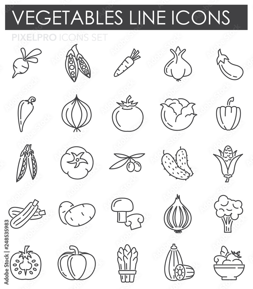 Poster vegetables line icons set on white background for graphic and web design, modern simple vector sign.