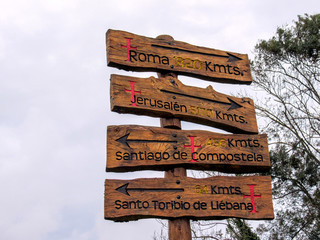 Sign post in Comillas, Cantabria, Camino del Norte, the Northern Way of Saint James in Spain