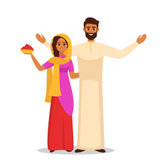 Happy Holi greeting card for Indian festival of colours. Smiling Indian woman and man in traditional clothes holds a bowl with red holiday powder