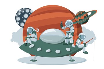 Astronaut landing on an alien space ship expedition cartoon flat dashboard image