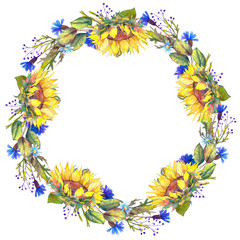 Watercolor wreath with sunflowers, blue cornflowers and leaves. Hand drawn illustration on white background.