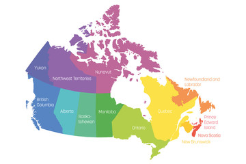 Map of Canada divided into 10 provinces and 3 territories. Administrative regions of Canada. Multicolored map with labels. Vector illustration