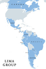 Lima Group, multilateral body, political map. Twelve countries signed a declaration to establish a peaceful exit to the crisis in Venezuela. Guyana, Saint Lucia joined later. English labeling. Vector.