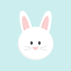 Cute Easter bunny head, isolated on baby blue background. White easter bunny face vector graphic illustration icon.