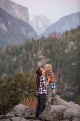 Mother with son visit Yosemite national park in California