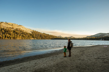 Mother with son visit Yosemite national park in California