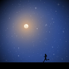 Fototapeta na wymiar Girl running on moonlit night. Vector illustration with silhouette of female runner in park. Northern lights in starry sky. Full moon in starry sky