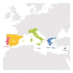 South Europe Region. Colorful map of countries in southern Europe around Mediterranean Sea. Vector illustration