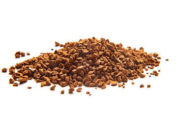 Granulated sublimated dry particle coffee on white background