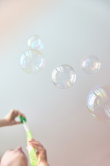 Photo of soap bubbles, creative background, selective focus, toned image