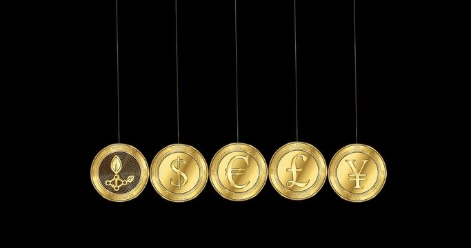 RSK Smart Bitcoin (RBTC) coin and world currencies in shape of Newton cradle