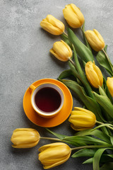 Happy Easter. Congratulatory easter background. Easter eggs and flowers