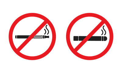 no vaping, no smoking banner with cigarette and electronic cigarette, red circle.