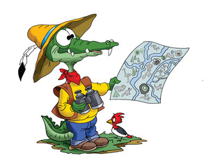 Cartoon adventurer alligator looking his map to find his route vector illustration