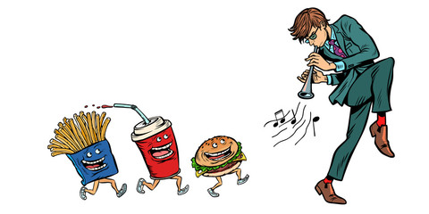 fast food goes for man playing music. isolate on white background