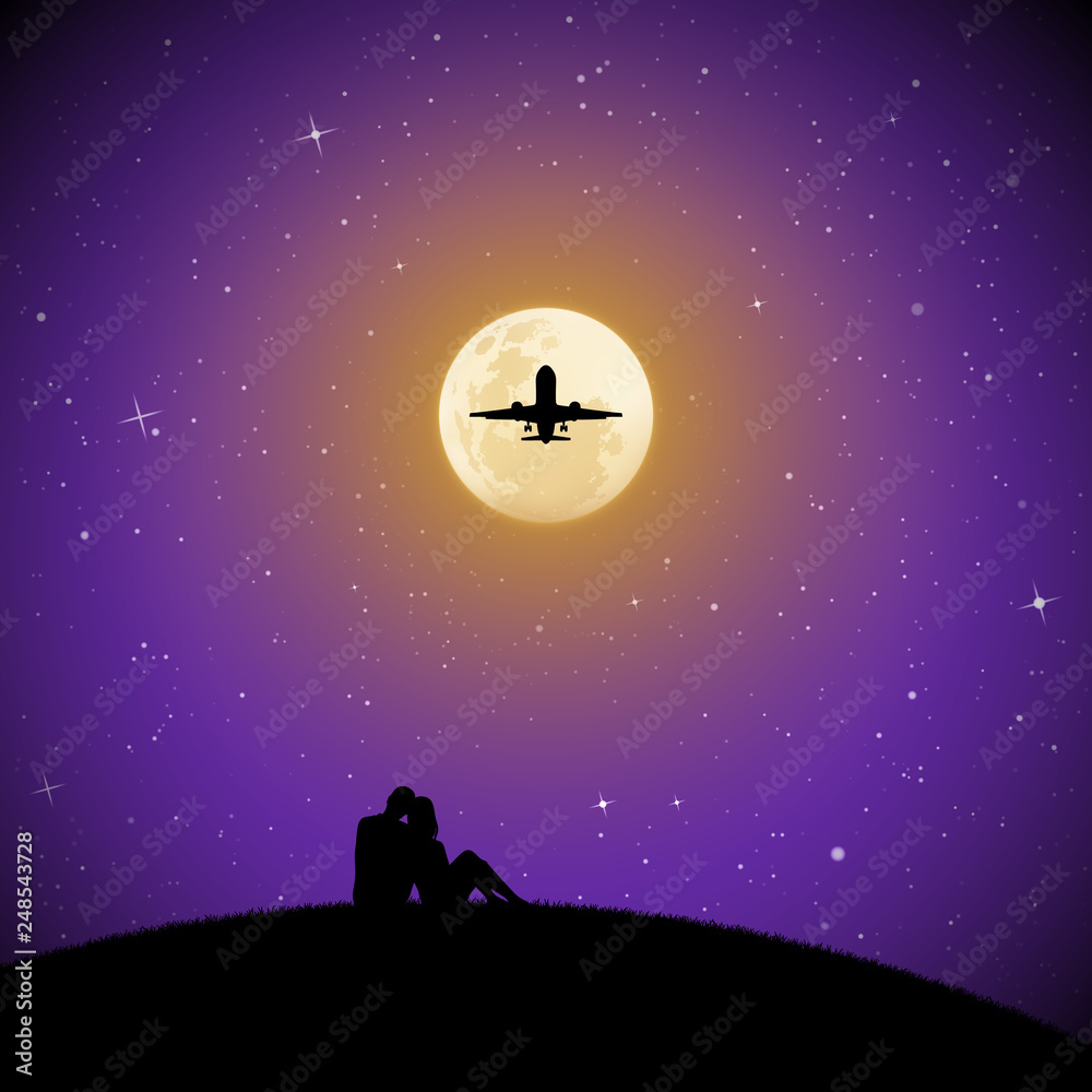 Sticker lovers and flying aircraft on moonlit night. vector illustration with silhouette of couple sitting o