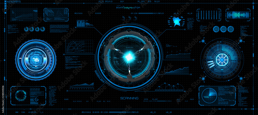 Poster Futuristic concept HUD, GUI style. Screen ( Dashboard, Futuristic Circle, Space Elements, Infographics) Vector Elements Set for HUD Sci Fi Interfaces. Hi tech future design. Sky fi for VR and App.