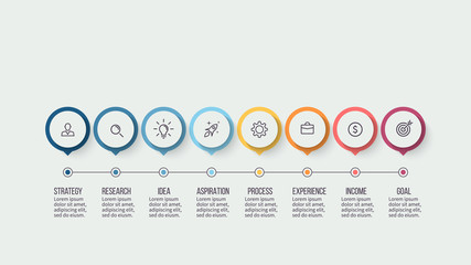 Business infographics. Timeline with 8 steps, options, circles. Vector template.