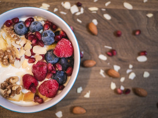 Delicious and healthy breakfast bowl with fruits and nuts