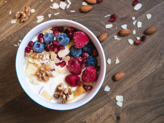 Delicious and healthy breakfast bowl with fruits and nuts