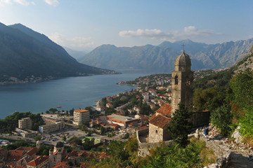 Naklejka na ściany i meble Aerial view of Kotor, a coastal town in Montenegro on the Gulf of Kotor