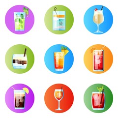 Set of Nine Tropical Cocktails Rounded Image. Mojito, Tom Collins, Pina Colada