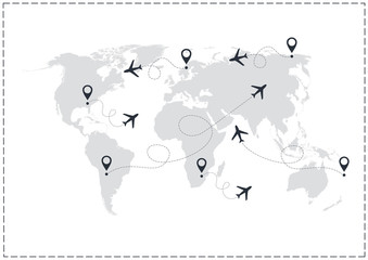 World map plane tracks isolated on white