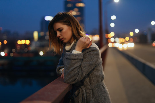 Woman Standing On Bridge In The Ligths Of Night City