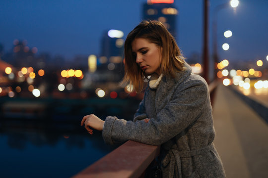 Woman Standing On Bridge In The Ligths Of Night City