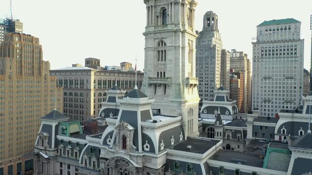 Aerial drone video William Penn Statue at the Philadelphia City Hall 4k