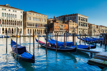 Grand Canal of Venice and the gondolas on the shore