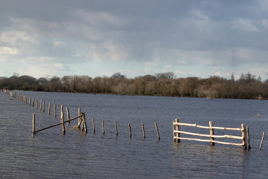 Landscape of marshes flooding fields on a cloudy day