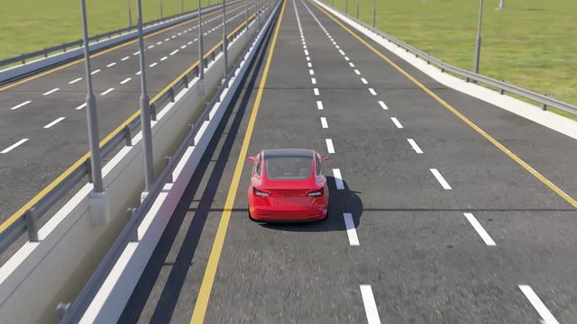 3d animation of an electric Tesla model 3 self driving on highway - seamless looping