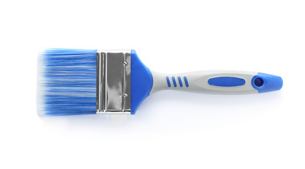 Paint brush with blue bristle on white background