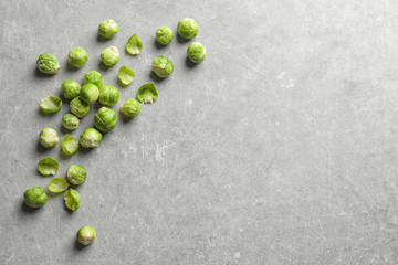 Fresh Brussels sprouts on grey background, top view with space for text