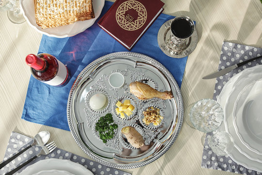 Table served for Passover (Pesach) Seder, top view