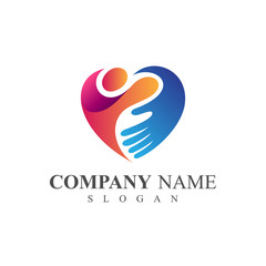 People Care Logo, People With Hand In Heart Shape, Logo Template