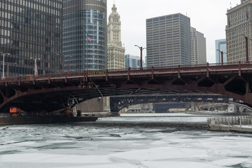 Chicago downtown icy frozen river in winter