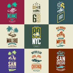 Fototapeta premium Vintage motorcycle, moped, muscle, roadster and classic car vector t-shirt logo isolated set. Premium quality auto logotype tee-shirt illustration. Vehicle street wear retro hipster tee print design.