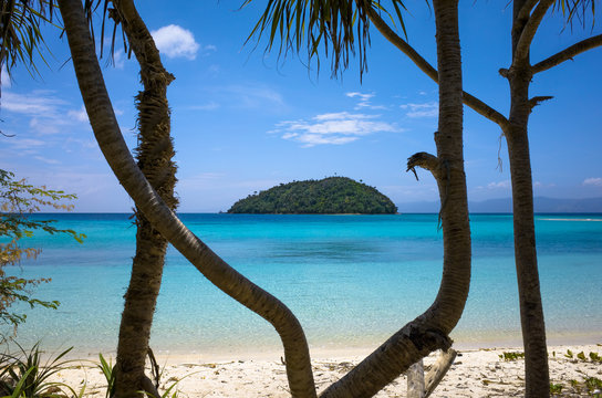 Tiny Island View Through Tropical Trees - BonBon Beach, Philippines