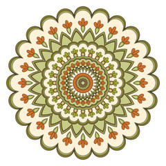 Decorative colorful ethnic mandala pattern. Design element for greeting card, banner or poster in oriental style. Hand drawn illustration